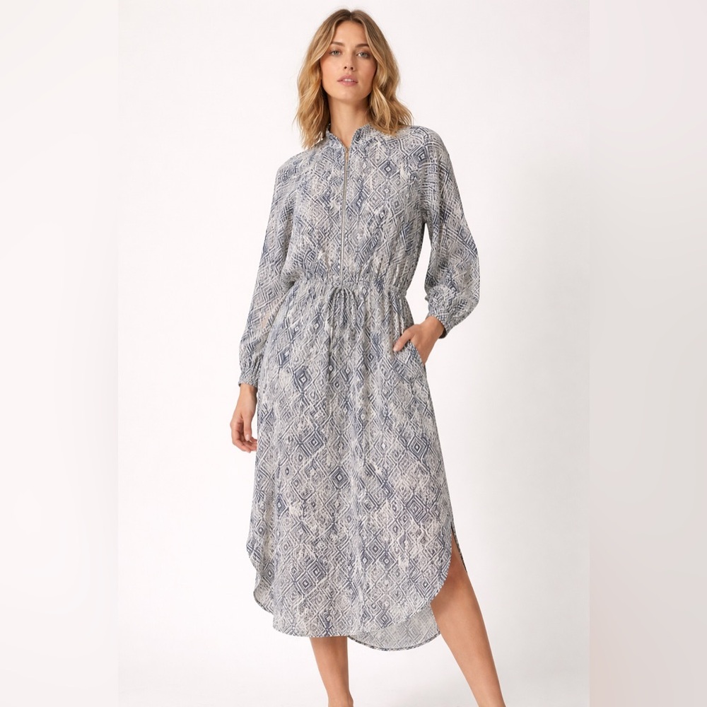 Carin Wester Geometric Print Flowy Dress‎ Size 36 Quarter Zip Drawstring Waist